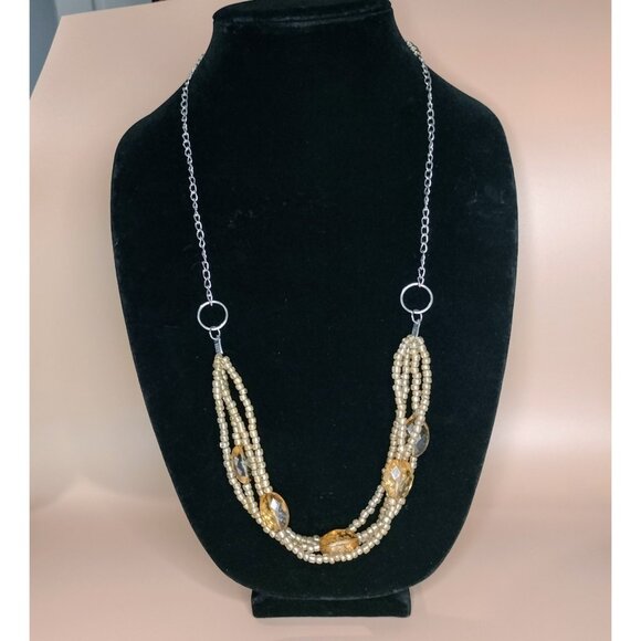 Cato Long Multi Strand Necklace Beaded Layered Chain Statement Jewelry Cream Tan - Picture 1 of 14